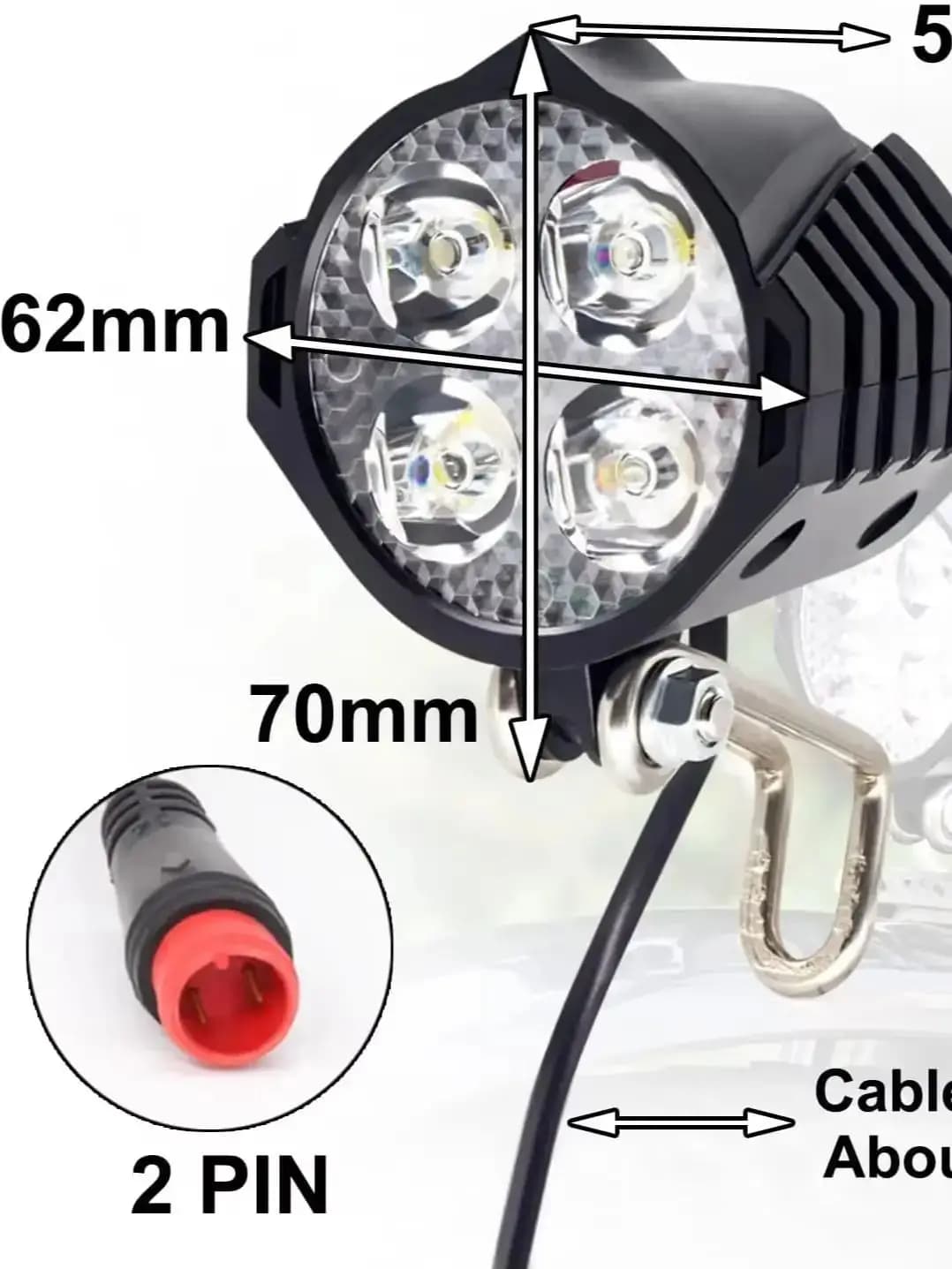 Vízálló LED első lámpa e-bike-hoz, 36/48 V, 2 tűs apa csatlakozó